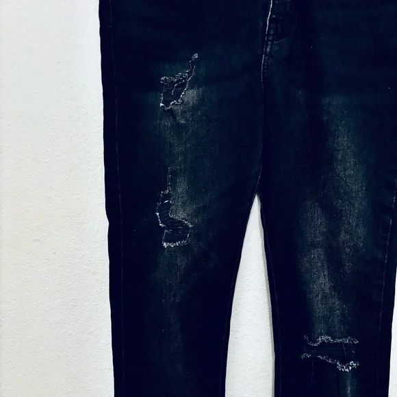 Forever 21 Black Super High Waisted Distressed Skinny Split Hem Denim Jeans - Picture 4 of 8